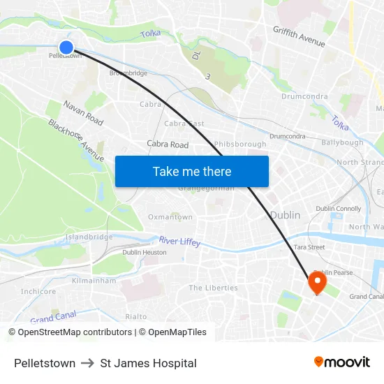 Pelletstown to St James Hospital map