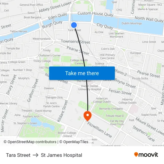 Tara Street to St James Hospital map