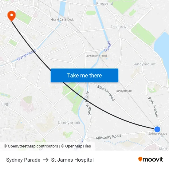 Sydney Parade to St James Hospital map