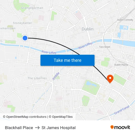 Blackhall Place to St James Hospital map