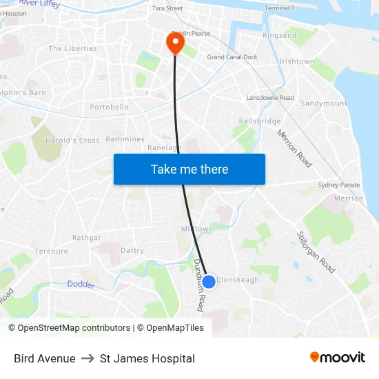 Bird Avenue to St James Hospital map