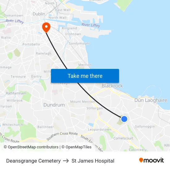 Deansgrange Cemetery to St James Hospital map