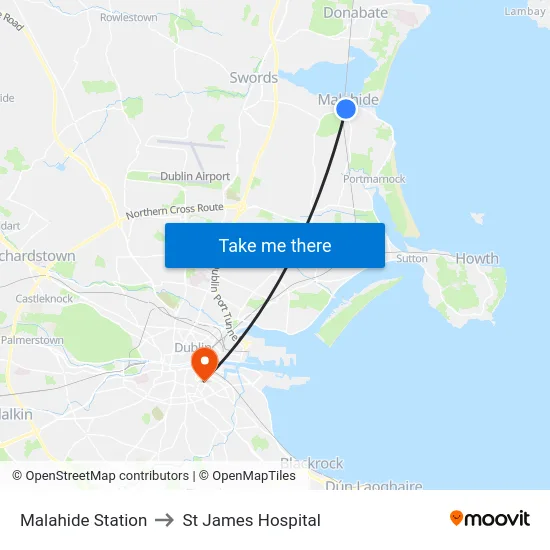 Malahide Station to St James Hospital map