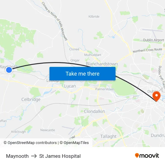 Maynooth to St James Hospital map