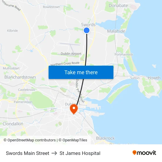Swords Main Street to St James Hospital map