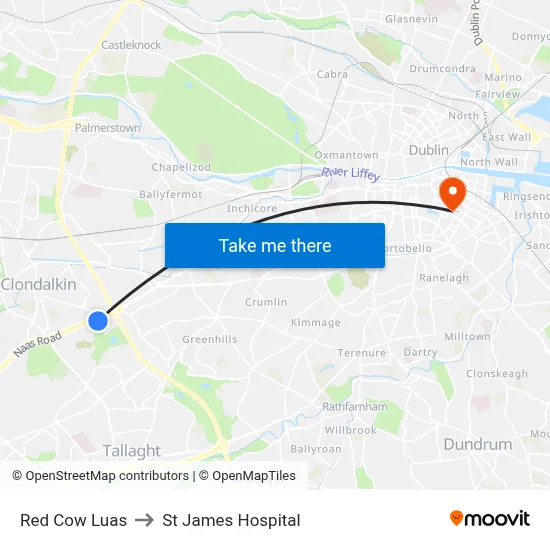 Red Cow Luas to St James Hospital map