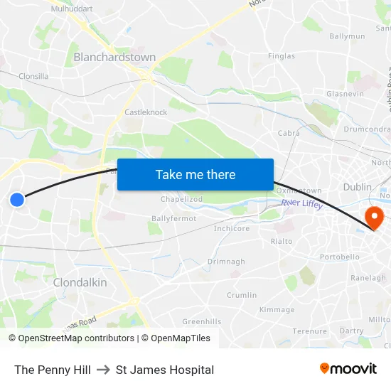 The Penny Hill to St James Hospital map