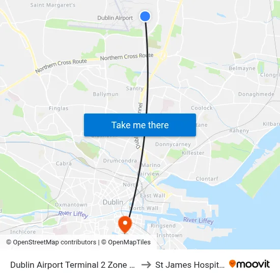 Dublin Airport Terminal 2 Zone 19 to St James Hospital map