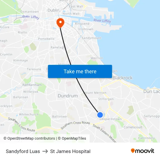 Sandyford Luas to St James Hospital map