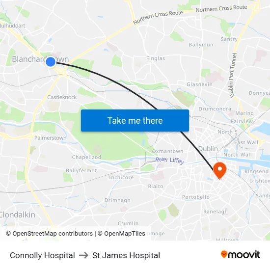Connolly Hospital to St James Hospital map