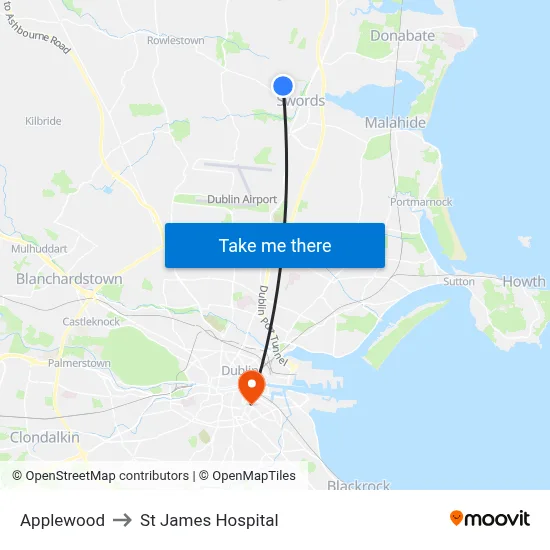 Applewood to St James Hospital map