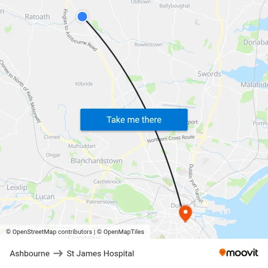 Ashbourne to St James Hospital map