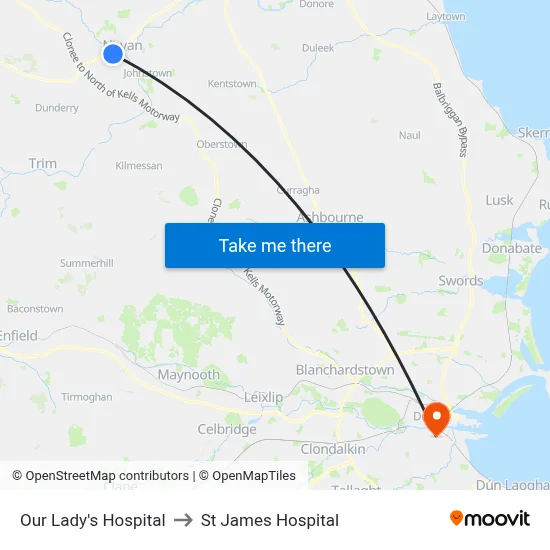 Our Lady's Hospital to St James Hospital map