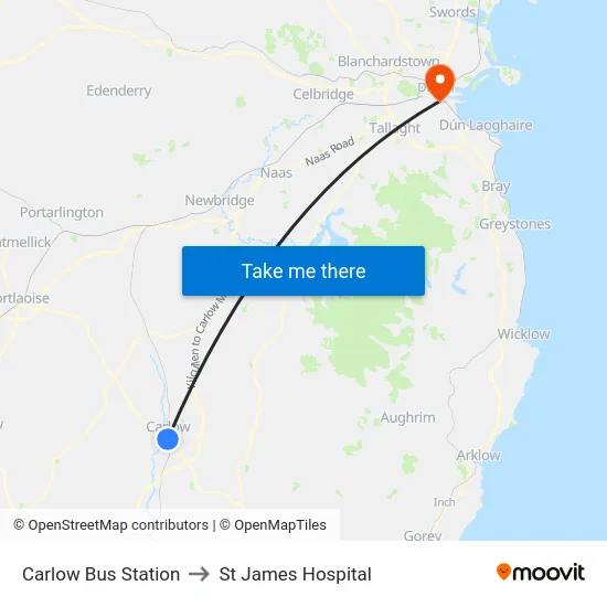 Carlow Bus Station to St James Hospital map