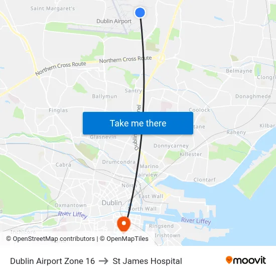 Dublin Airport Zone 16 to St James Hospital map