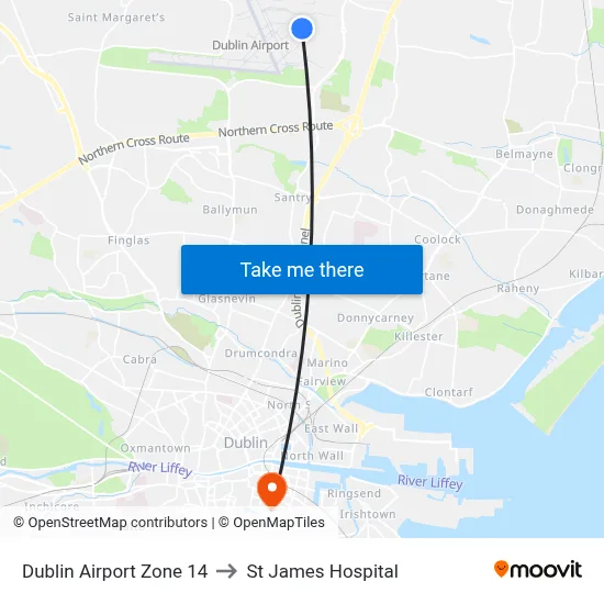 Dublin Airport Zone 14 to St James Hospital map