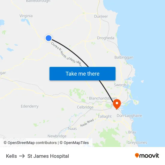 Kells to St James Hospital map