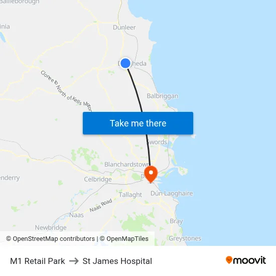 M1 Retail Park to St James Hospital map