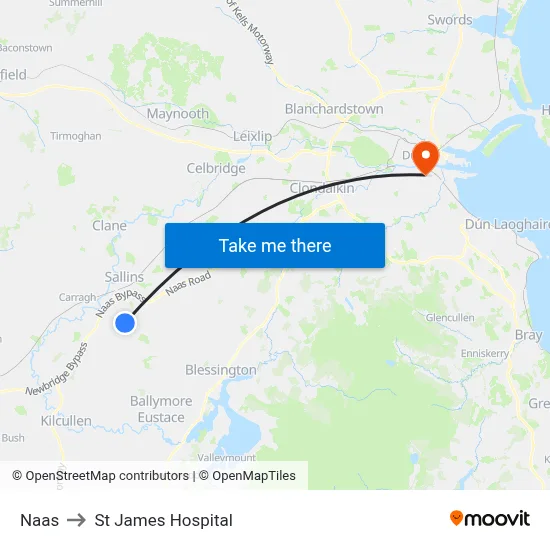 Naas to St James Hospital map