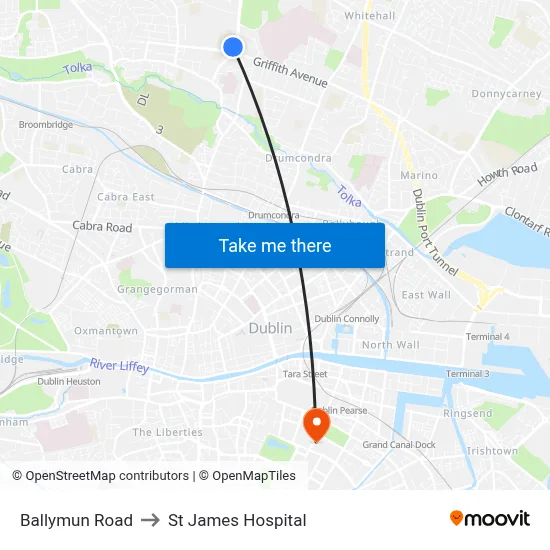 Ballymun Road to St James Hospital map