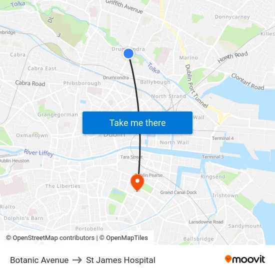 Botanic Avenue to St James Hospital map