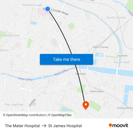 The Mater Hospital to St James Hospital map