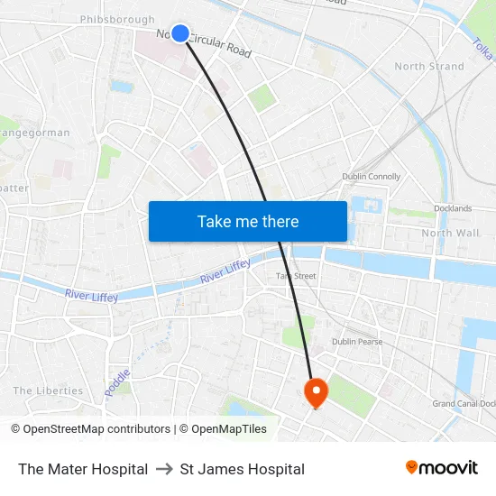 The Mater Hospital to St James Hospital map