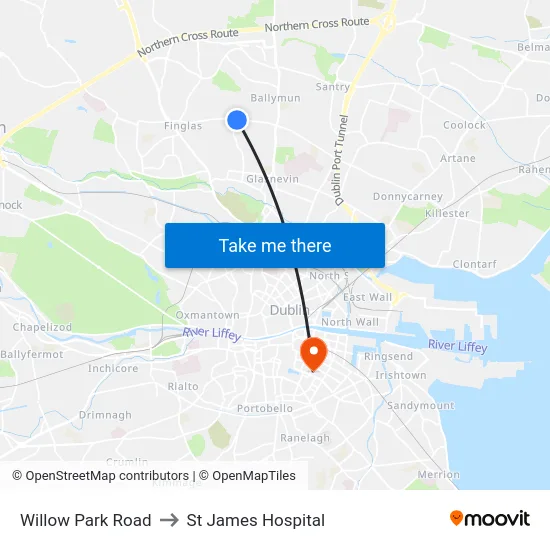Willow Park Road to St James Hospital map