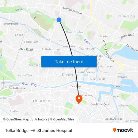 Tolka Bridge to St James Hospital map