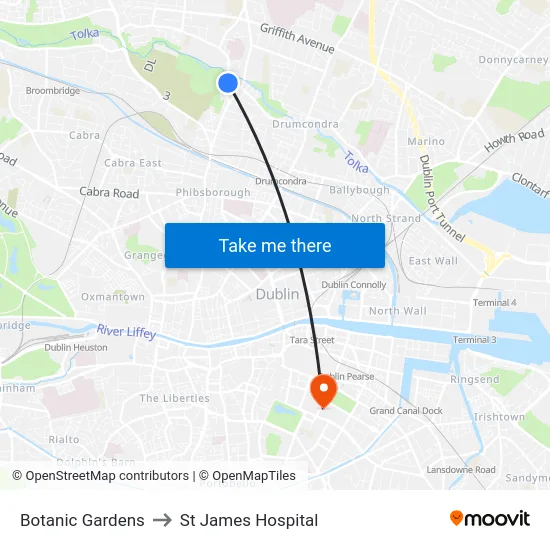 Botanic Gardens to St James Hospital map