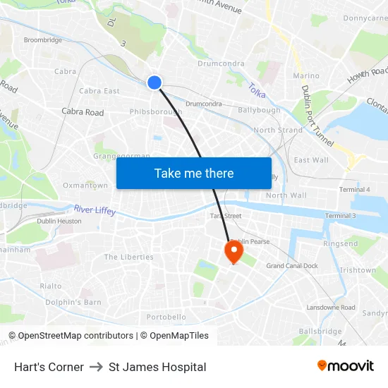 Hart's Corner to St James Hospital map