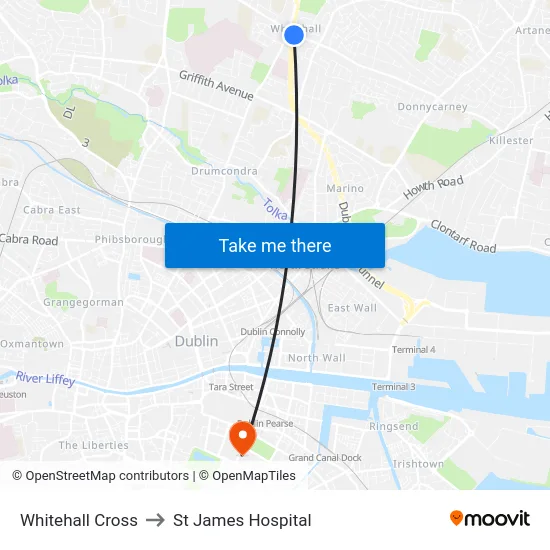Whitehall Cross to St James Hospital map