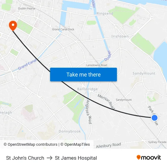 St John's Church to St James Hospital map