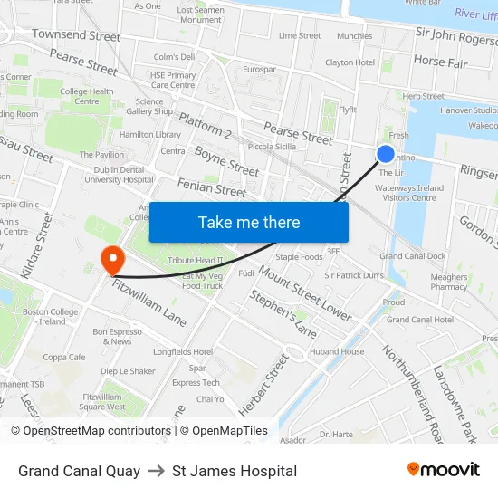 Grand Canal Quay to St James Hospital map