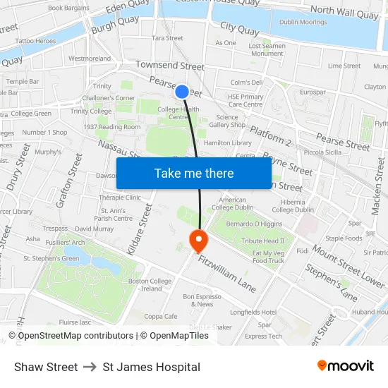 Shaw Street to St James Hospital map