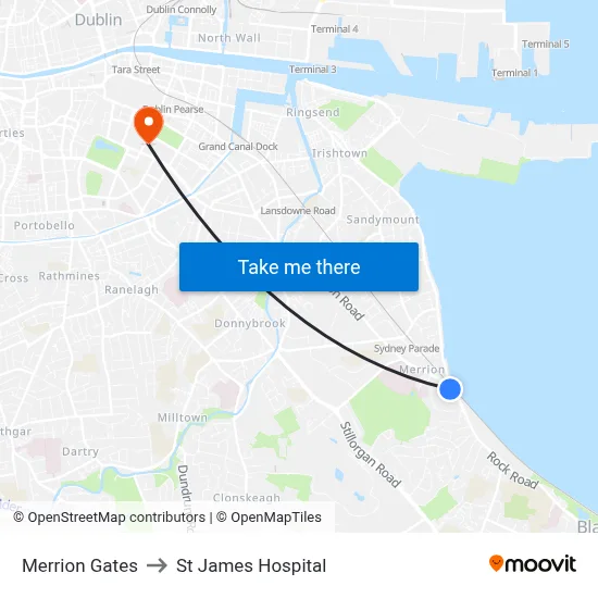 Merrion Gates to St James Hospital map