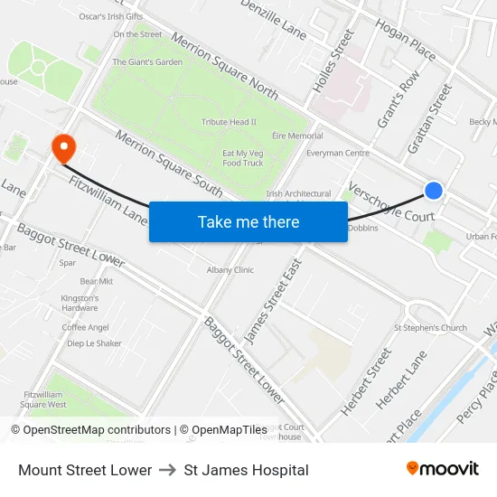 Mount Street Lower to St James Hospital map