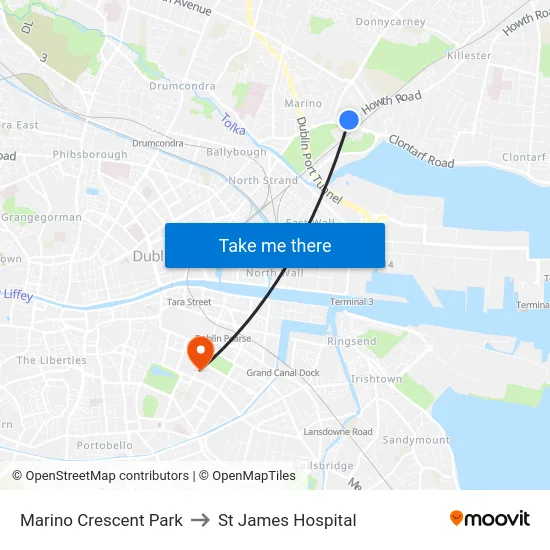 Marino Crescent Park to St James Hospital map