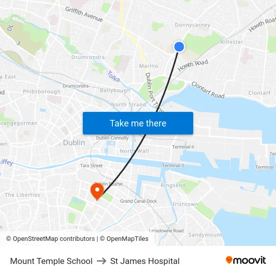 Mount Temple School to St James Hospital map
