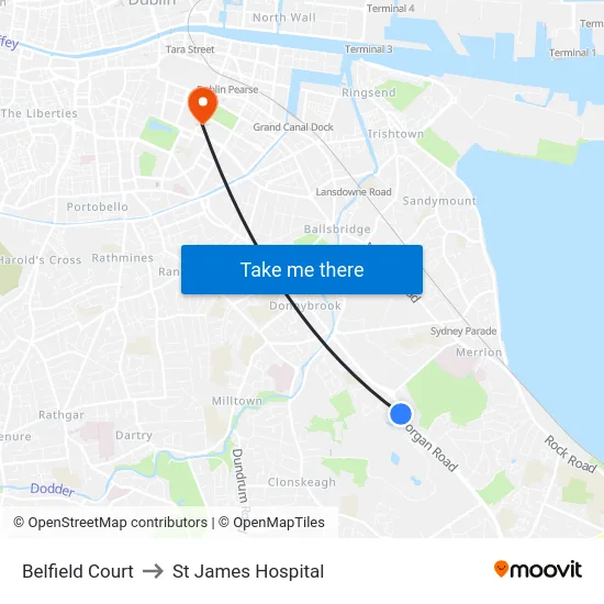 Belfield Court to St James Hospital map