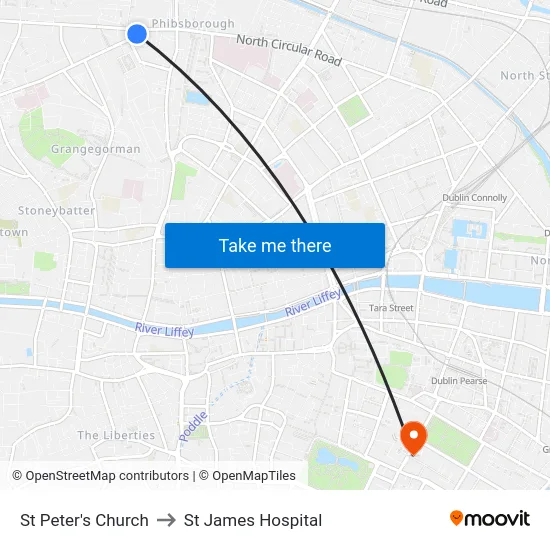 St Peter's Church to St James Hospital map