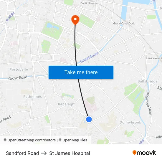 Sandford Road to St James Hospital map