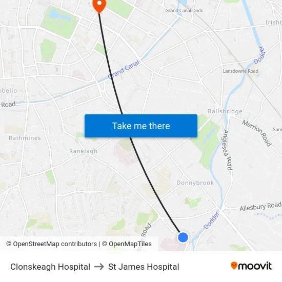 Clonskeagh Hospital to St James Hospital map