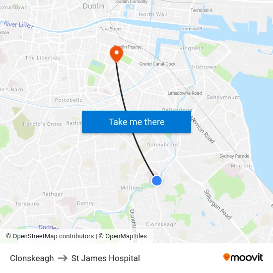 Clonskeagh to St James Hospital map