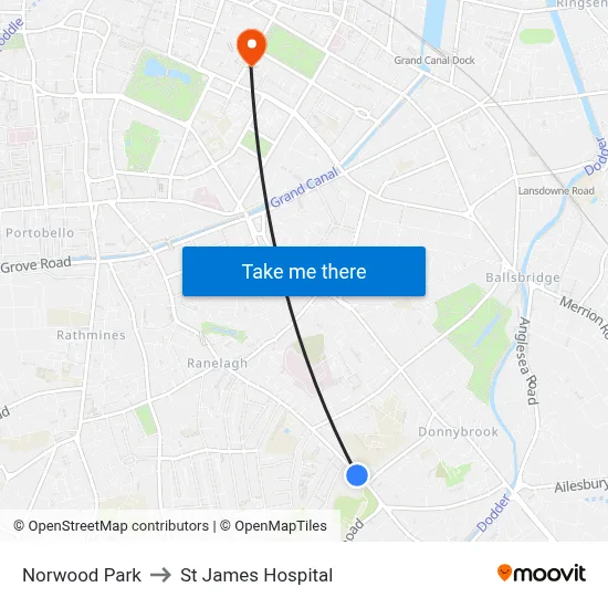 Norwood Park to St James Hospital map