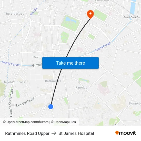 Rathmines Road Upper to St James Hospital map