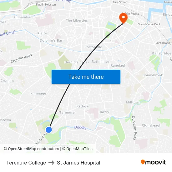 Terenure College to St James Hospital map