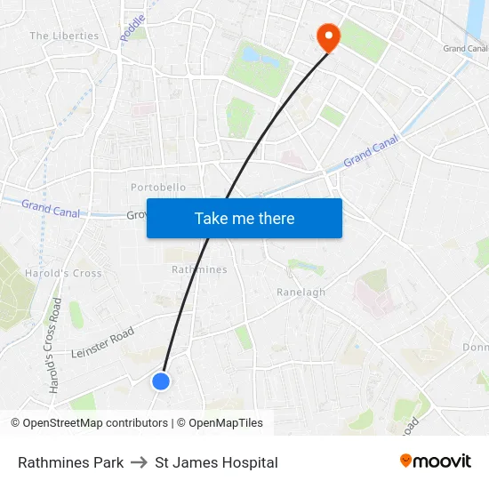 Rathmines Park to St James Hospital map