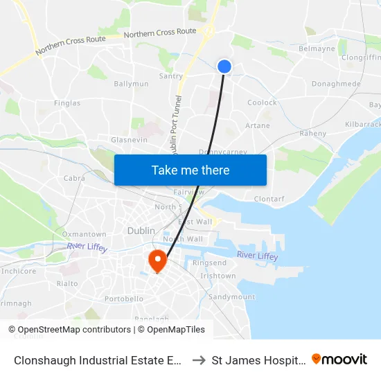 Clonshaugh Industrial Estate East to St James Hospital map