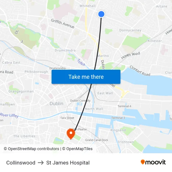 Collinswood to St James Hospital map